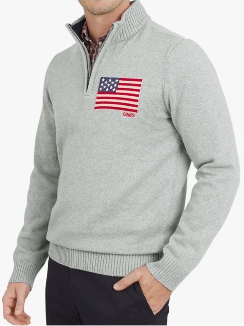 NWT Chaps Men America Flag Quarter Zip Gray Heather Knit Sweater Size Large